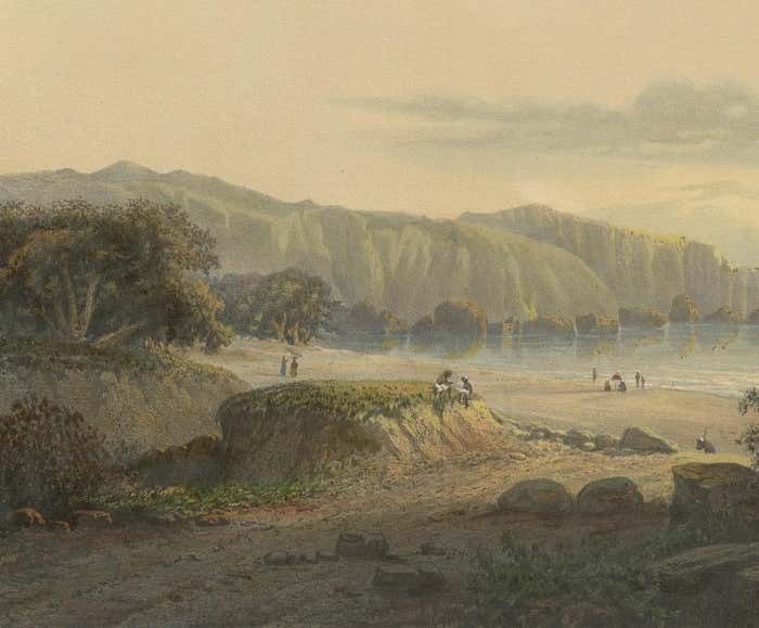 Original Antique Chromolithograh Of Srigonjo Bay, The South Coast Of Java, 1872 photo for sale