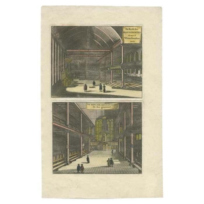 Antique Print Of Two Church Interiors In Amsterdam By Goeree, 1765