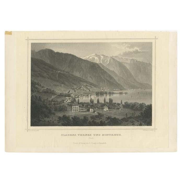 Antique Print Of Clarens, Vernex And Montreux In France, C.1860