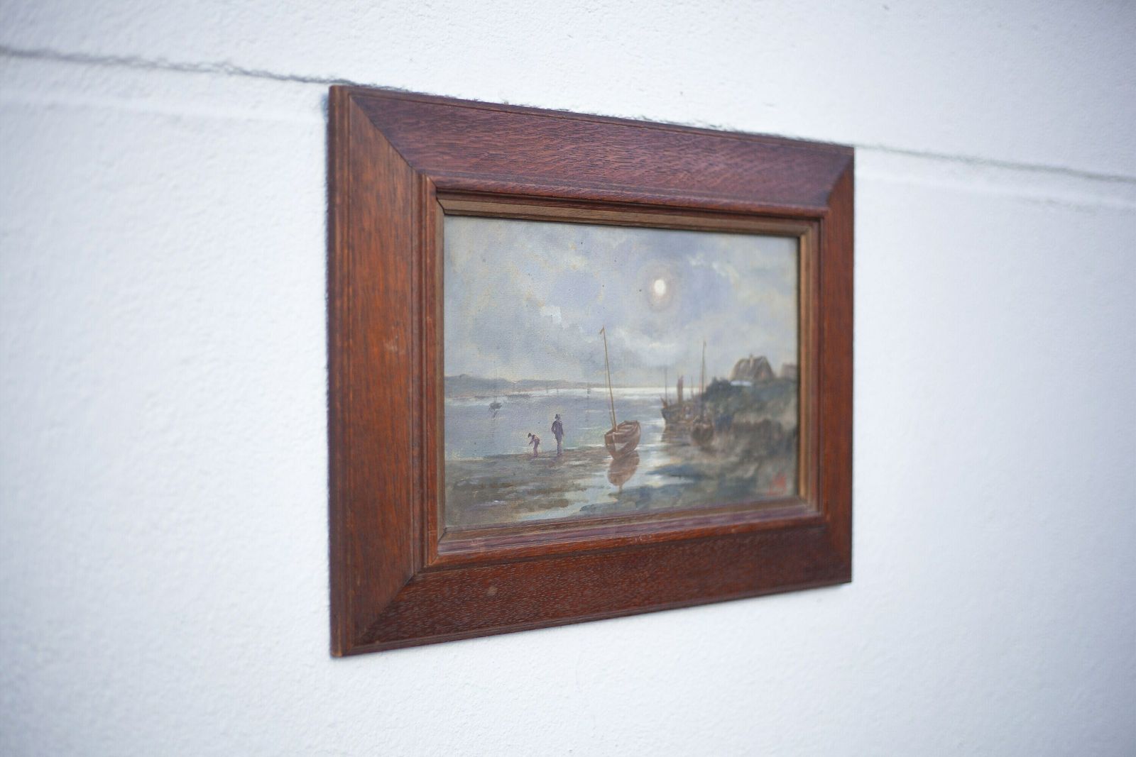 Wooden Framed Nocturnal Marine Watercolor Gouache Painting photo for sale