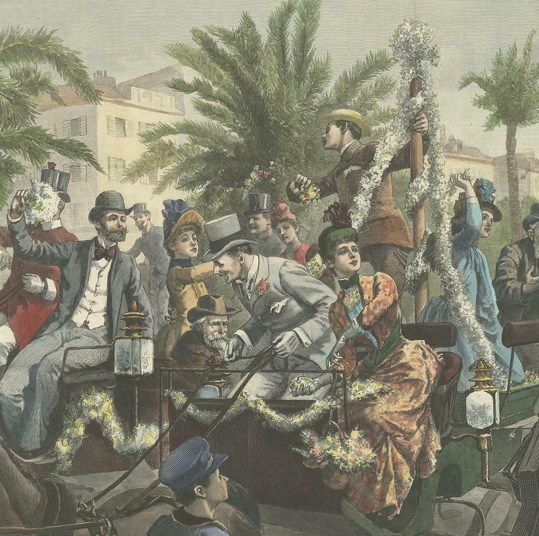 Antique Print Of 'The Battle Of Flowers' At Cannes By Hopkins, '1889' photo for sale