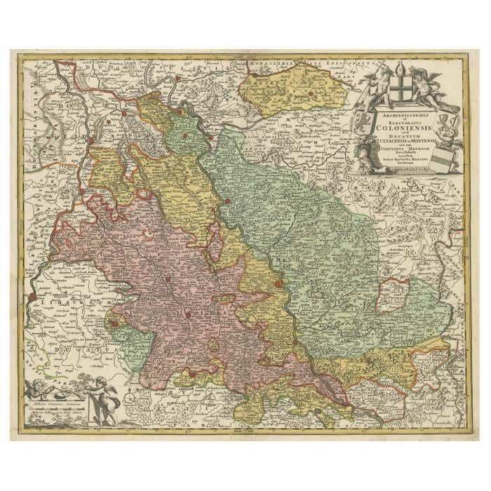 Antique Map Of The Rhine Centered On Cologne, Germany, With Original Coloring