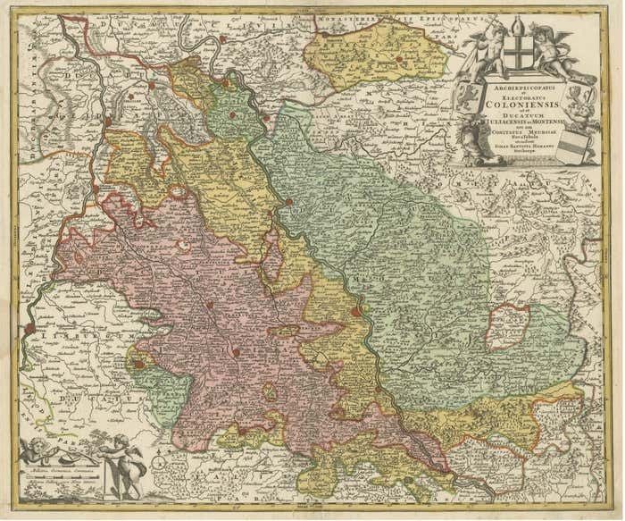 Antique Map Of The Rhine Centered On Cologne, Germany, With Original Coloring photo for sale