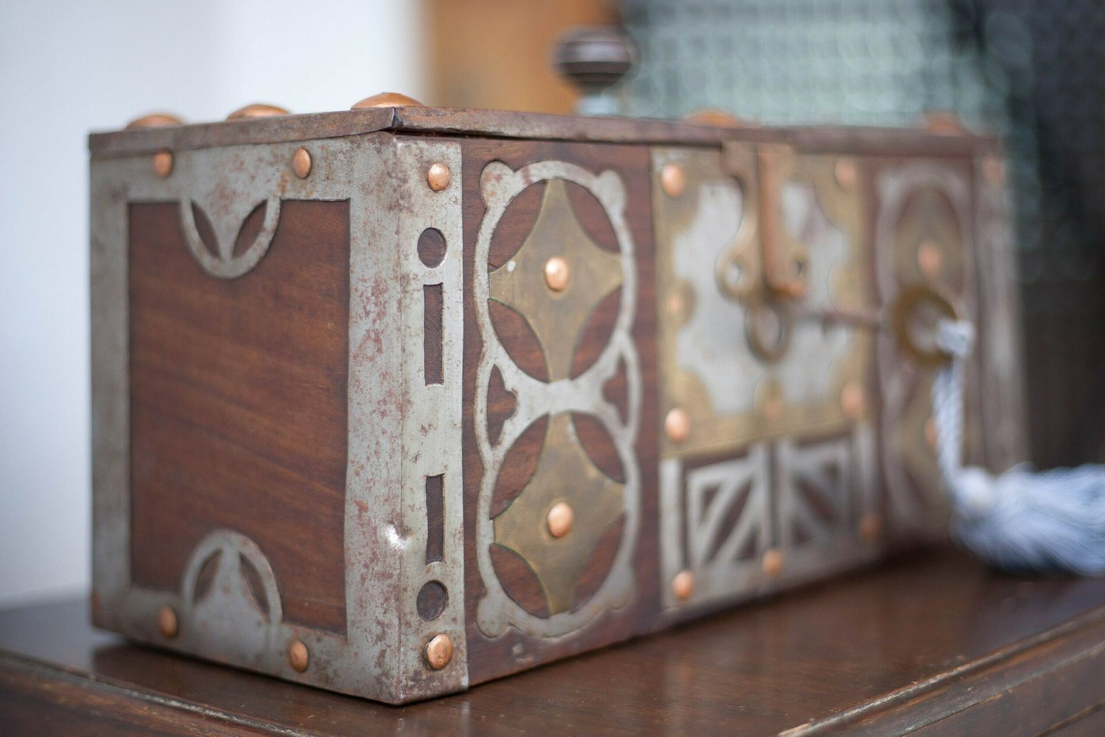 Old Mauritanian Box, Mauritania Tuareg Wooden Chest With Worked Metal And Copper Frame, Collection, Rare photo for sale