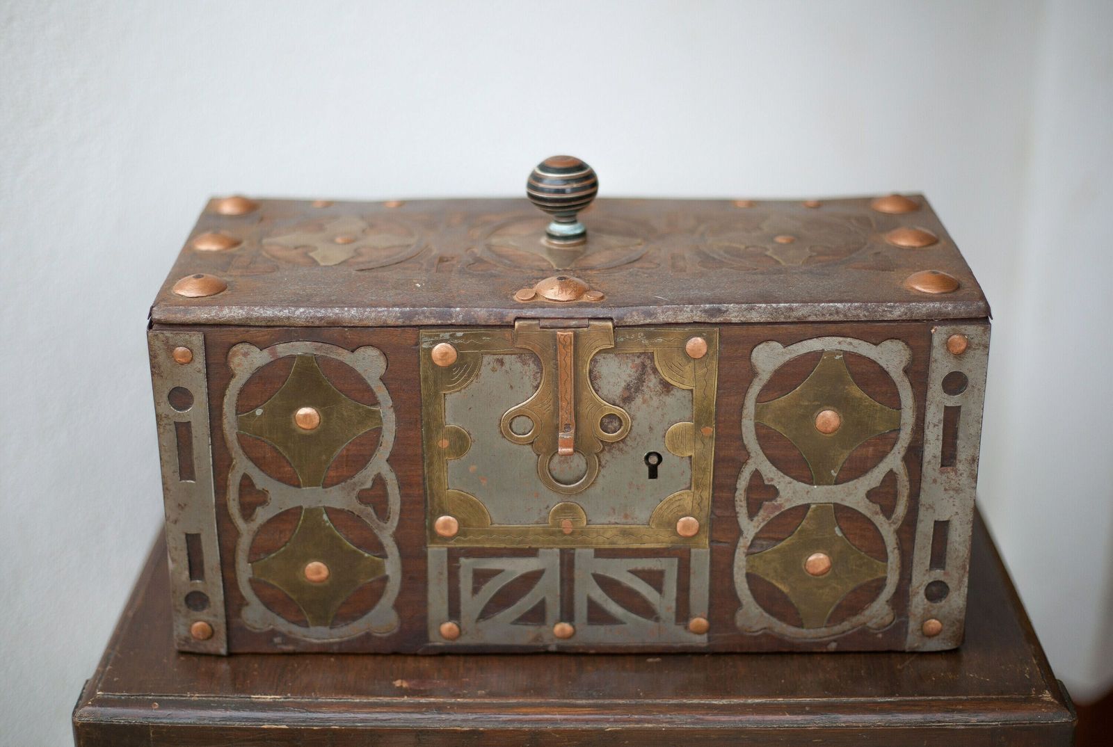 Old Mauritanian Box, Mauritania Tuareg Wooden Chest With Worked Metal And Copper Frame, Collection, Rare photo buy