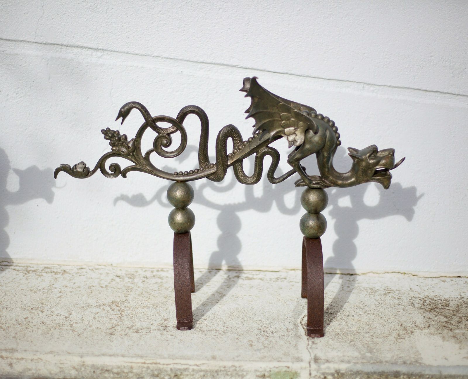 Pair Of Fireplace Andirons, Bronze And Cast Iron Andirons, Dragons, Chimeras, Griffins, Fireplace Accessories, Fireplace Hearth, Decor, Andirons