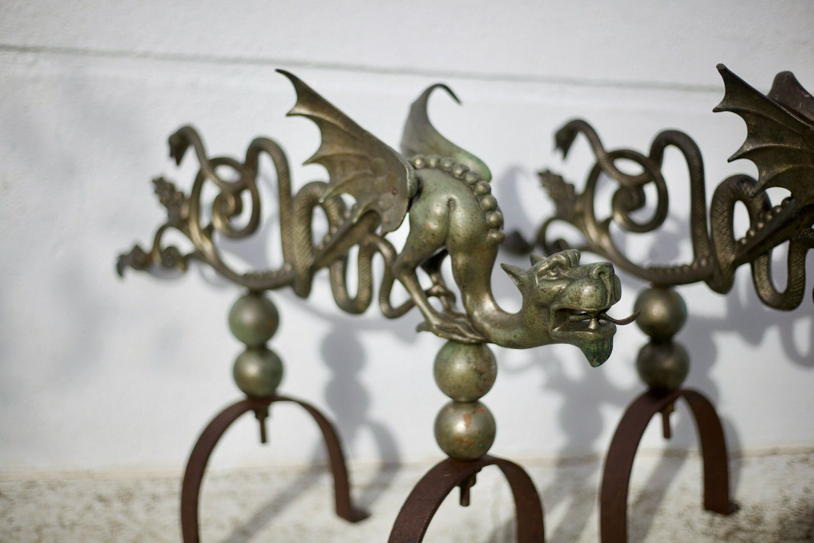 photo for sale Pair Of Fireplace Andirons, Bronze And Cast Iron Andirons, Dragons, Chimeras, Griffins, Fireplace Accessories, Fireplace Hearth, Decor, Andirons