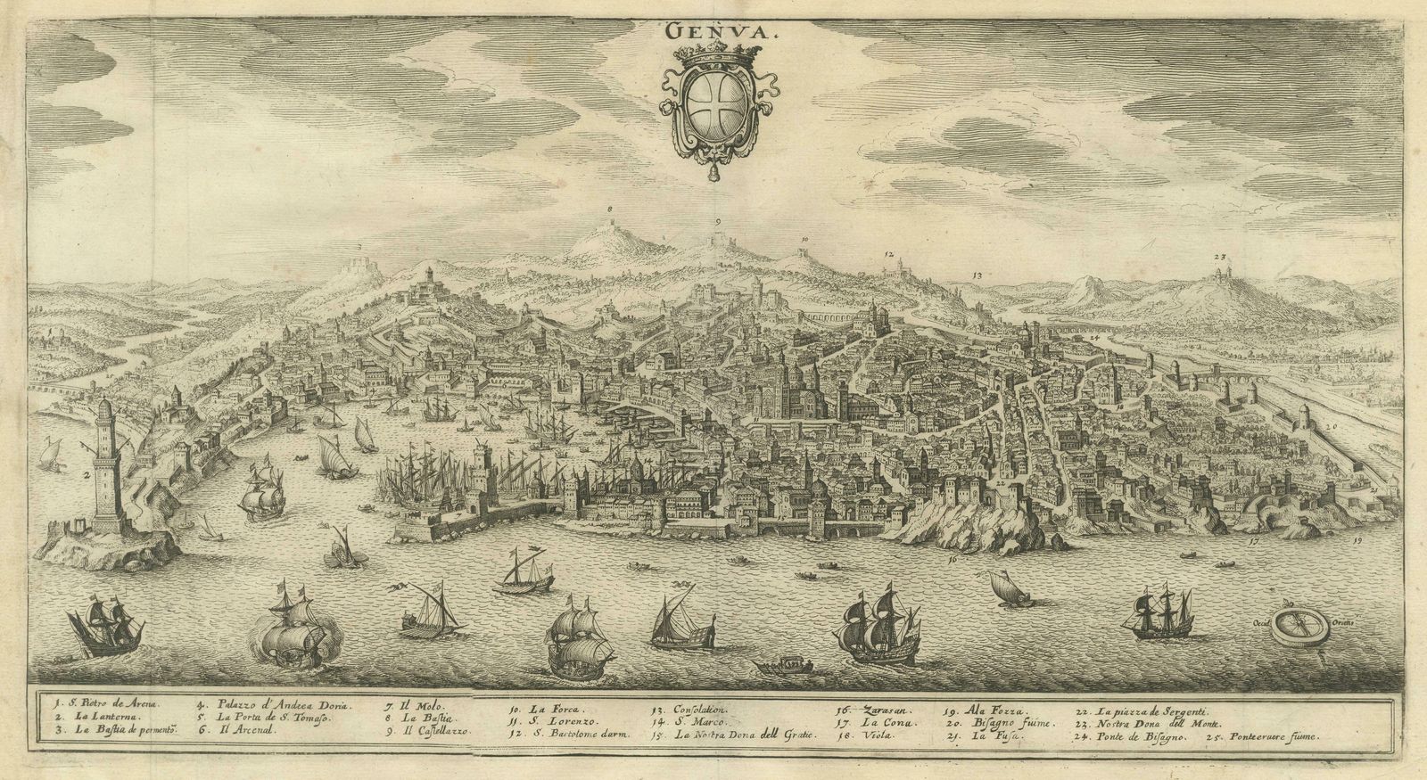 Original Antique Bird's Eye View Of The City Of Genoa photo for sale