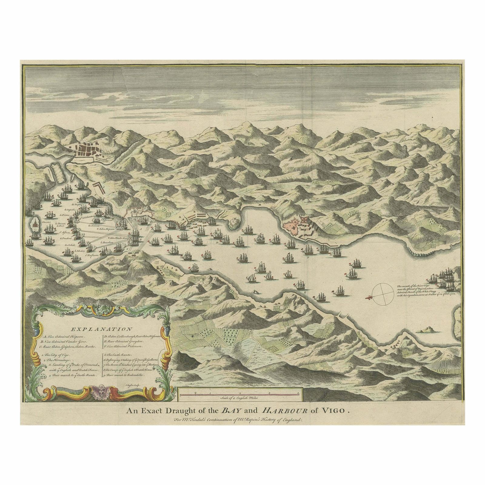 Antique Print Of The Battle In 1702 Of Vigo Bay Or Rande, Galicia, Spain