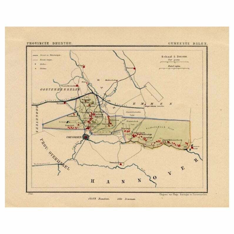 Antique Map Of The Township Of Dalen, Schoonebeek In The Netherlands, 1865