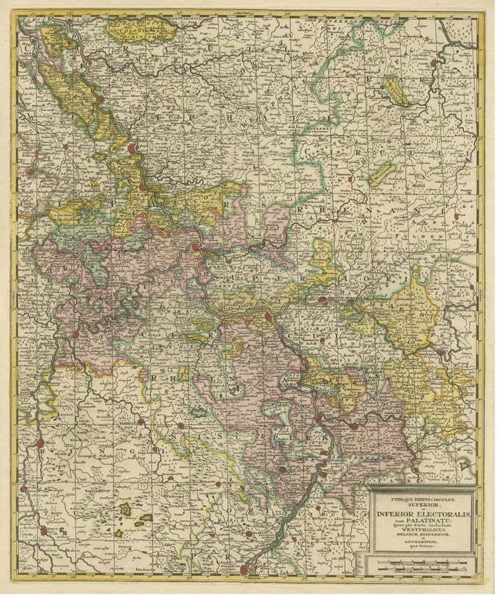 Antique Map Of The Area Centered On The Rhine River, Germany photo for sale