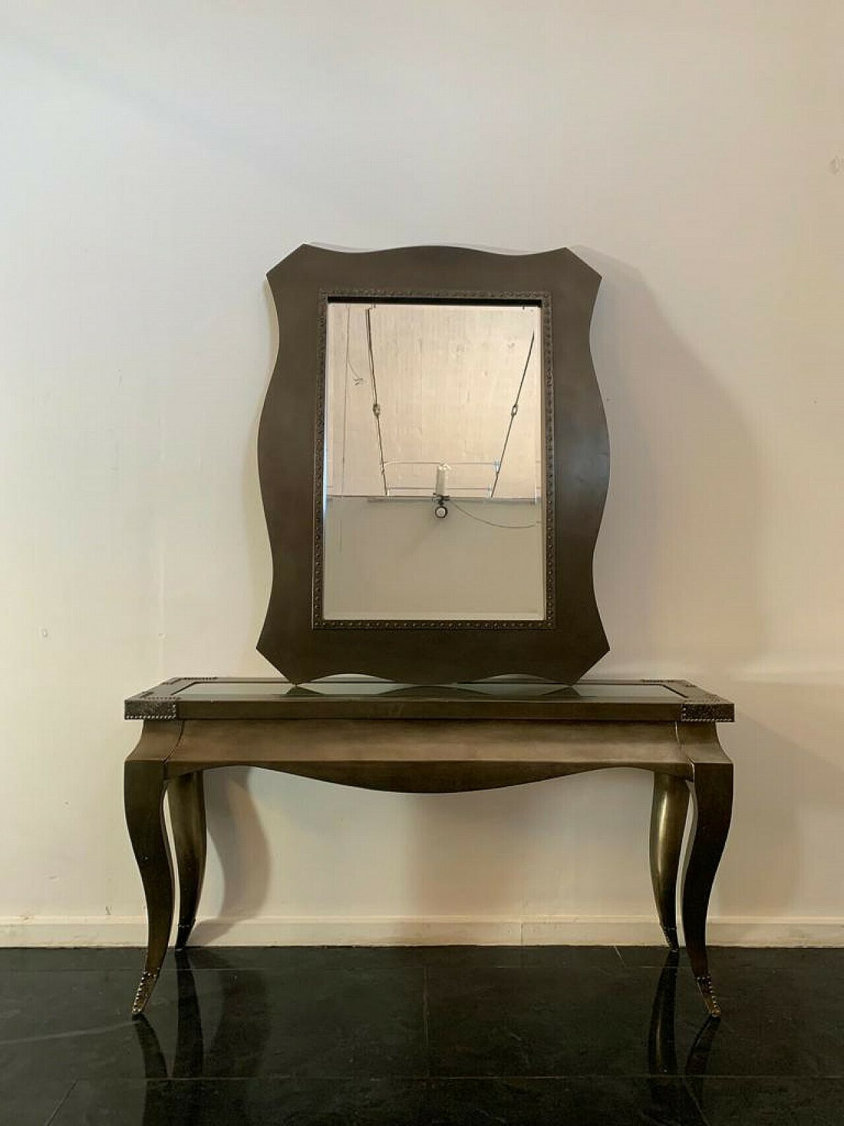 Wood, Metal And Glass Console And Mirror, 1980s photo for sale
