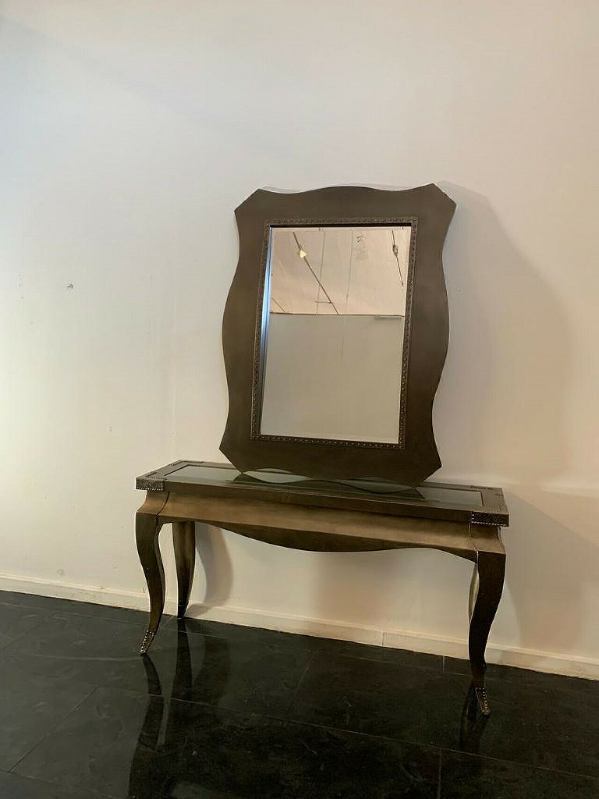 Wood, Metal And Glass Console And Mirror, 1980s photo Furniture