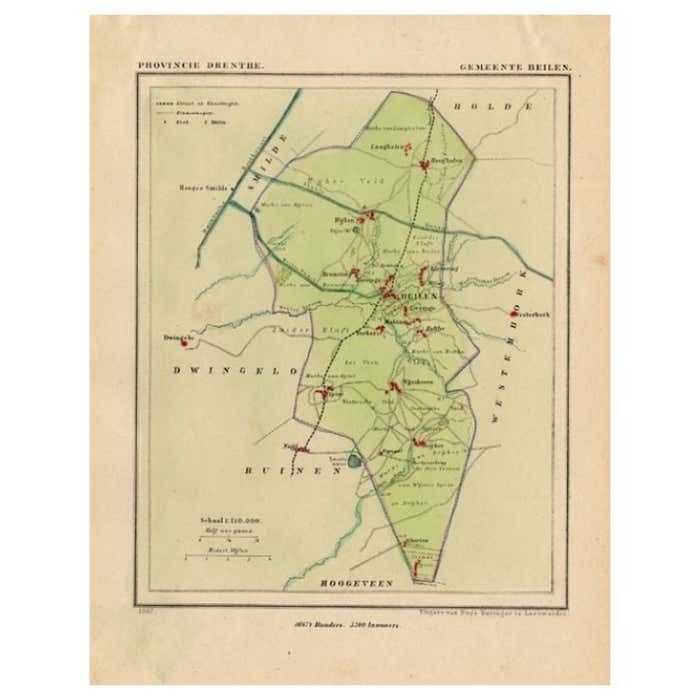 Original Antique Map Of The Township Of Beilen In The Netherlands 1865