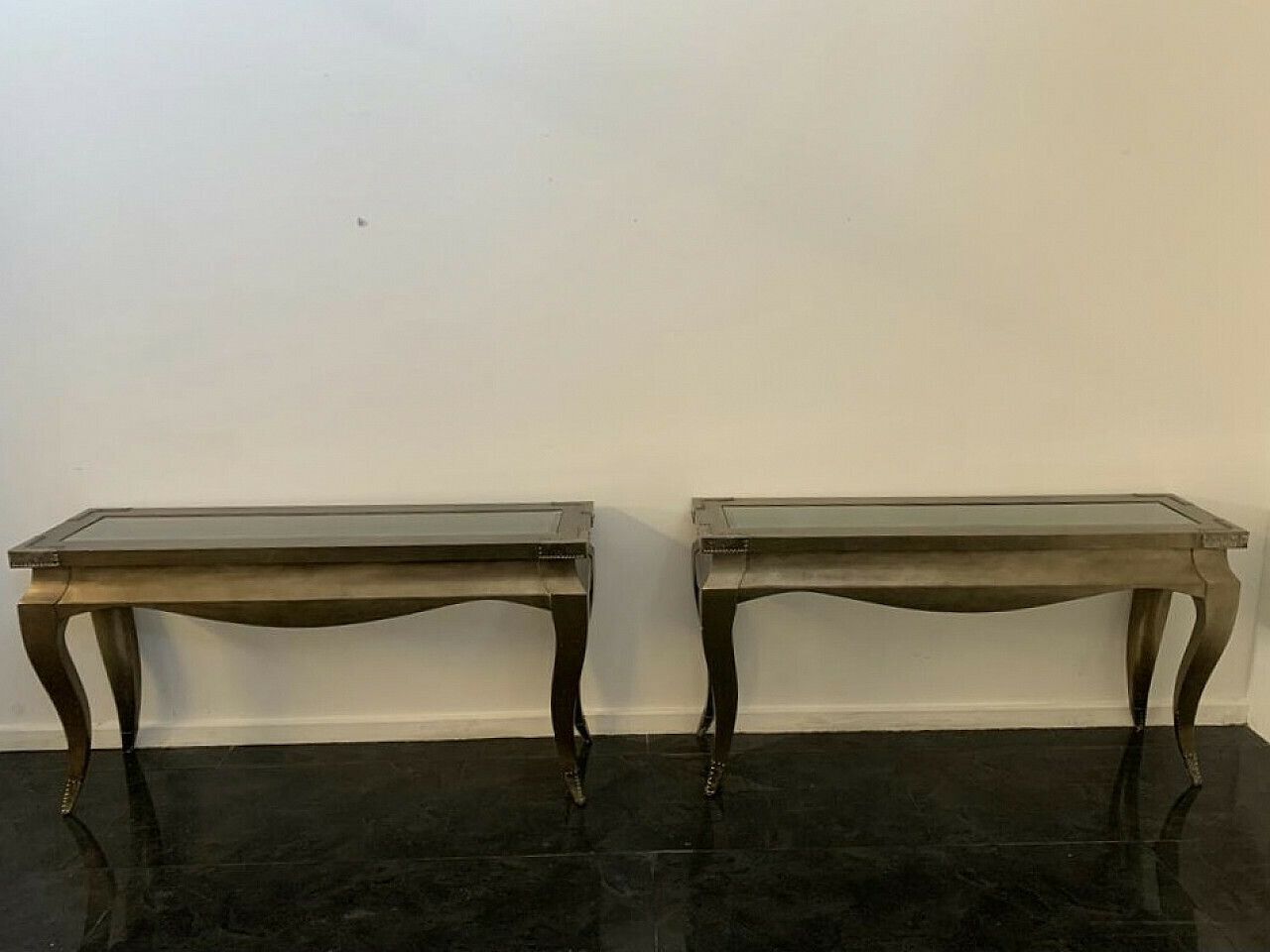 Pair Of Wood, Glass And Metal Consoles, 1980s photo furniture