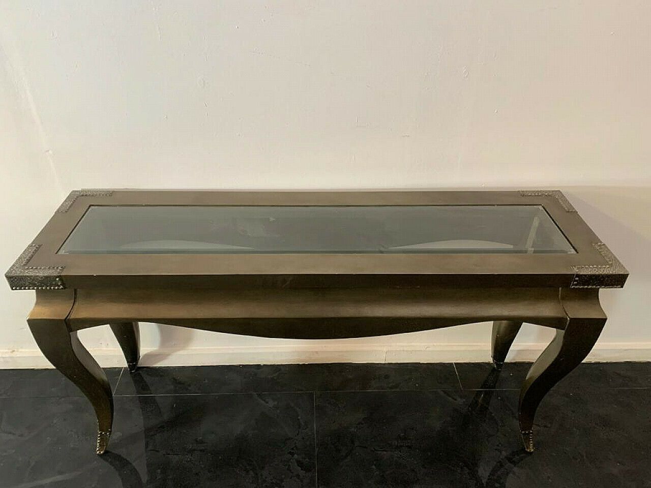 Furniture Pair Of Wood, Glass And Metal Consoles, 1980s photo