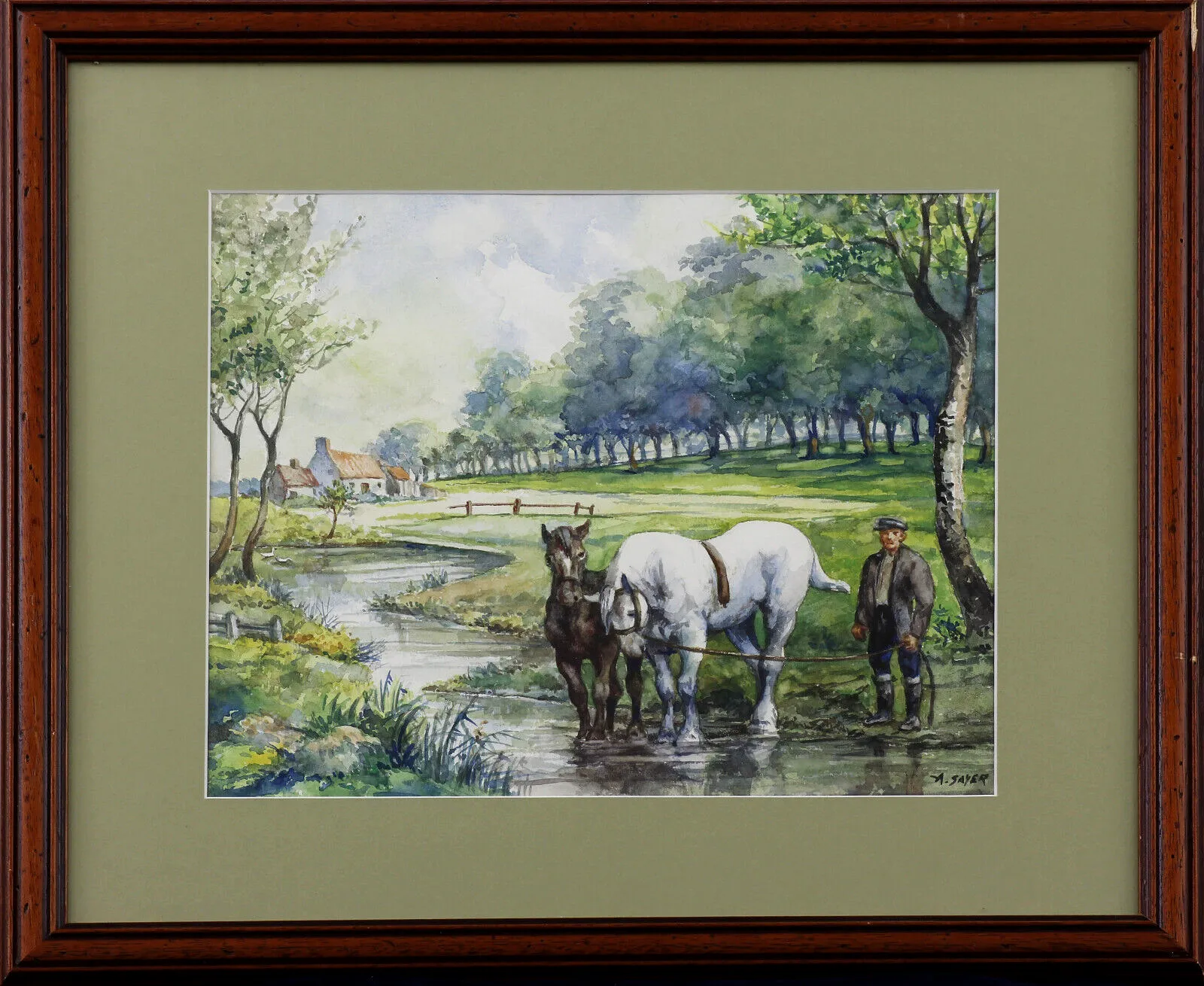 Watercolour By Alice Sayer. Working Horses Being Watered.