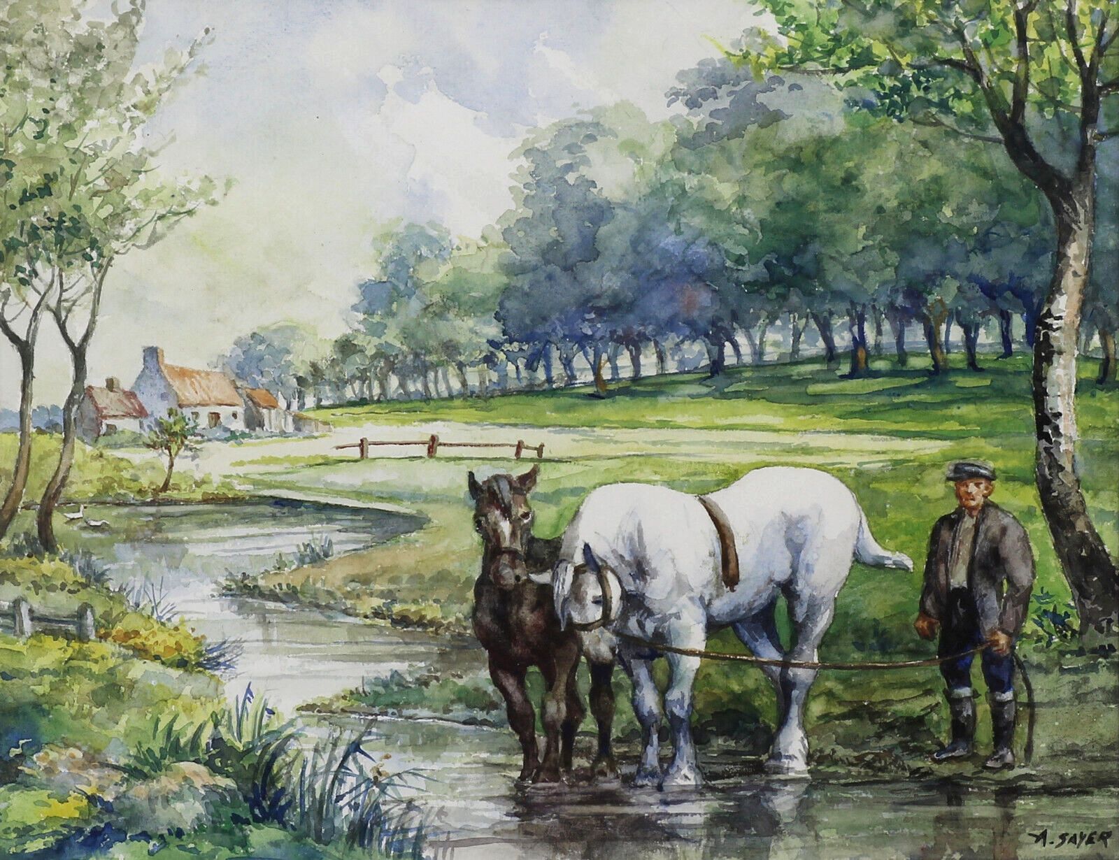 Watercolour By Alice Sayer. Working Horses Being Watered. photo furniture