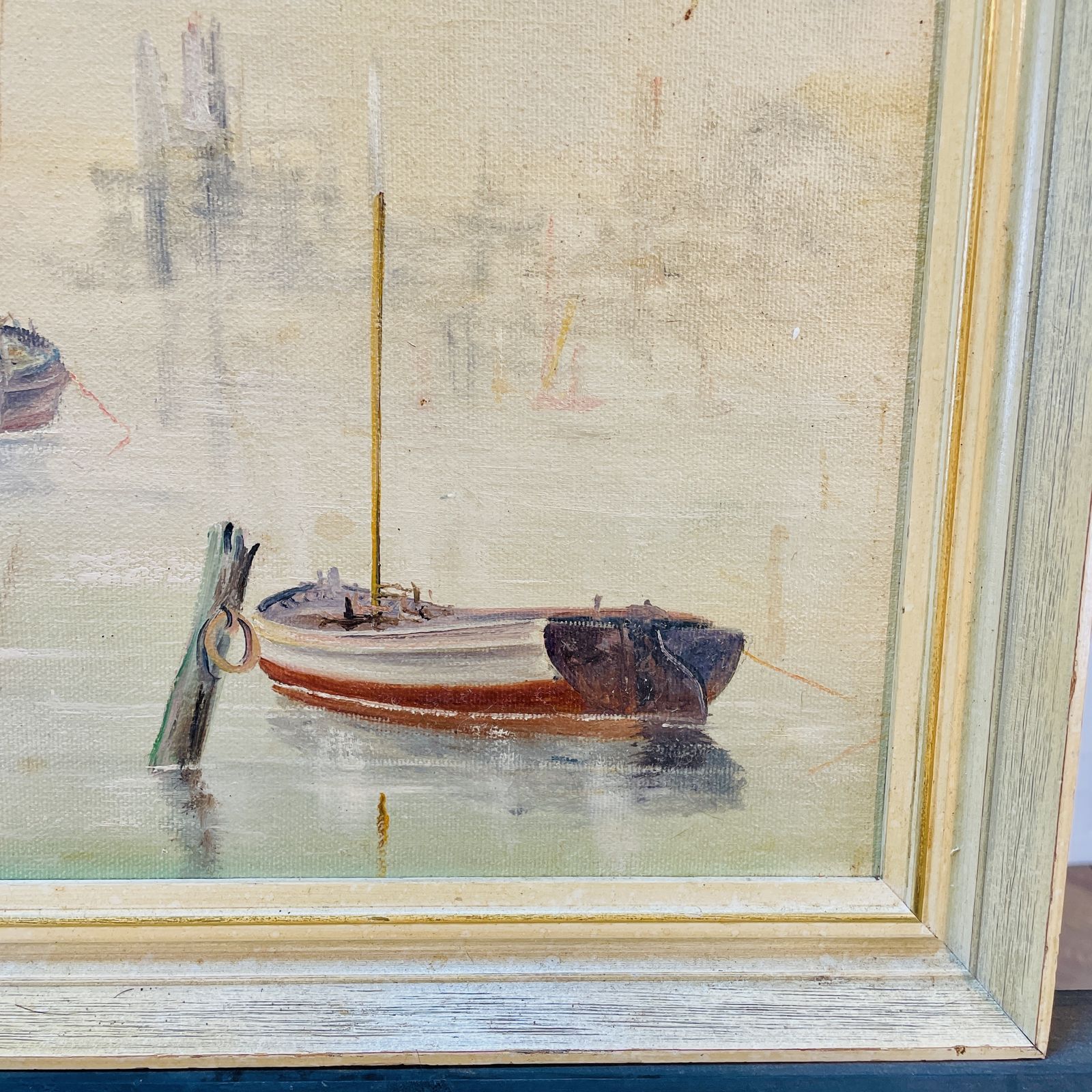 Vintage Framed British Boat Scene, Oil On Canvas, Signed, 1977 photo for sale