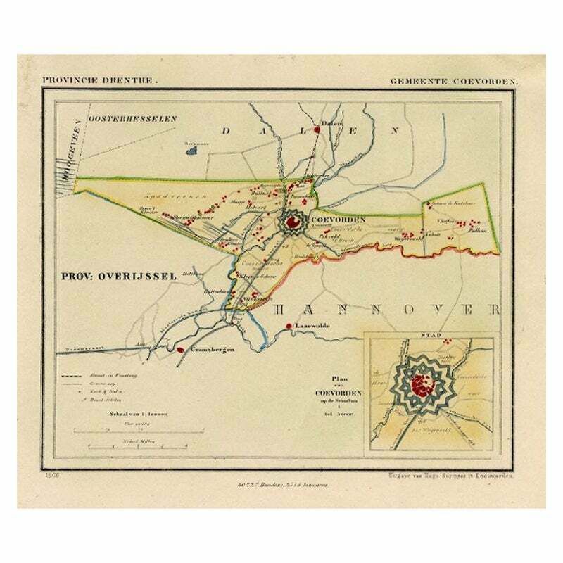 Antique Map Of The Township Of Coevorden In The Netherlands, 1865 photo 165.0
