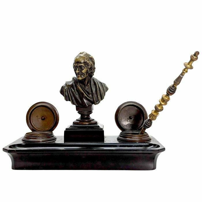 Napoleon III Bronze And Black Marble Inkwell Decorated With Voltaire photo for sale