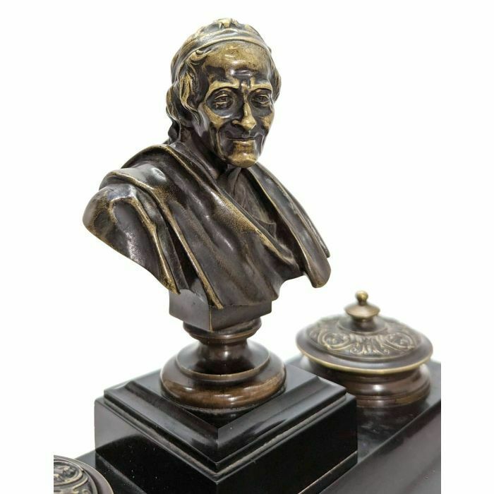 Napoleon III Bronze And Black Marble Inkwell Decorated With Voltaire photo vintage