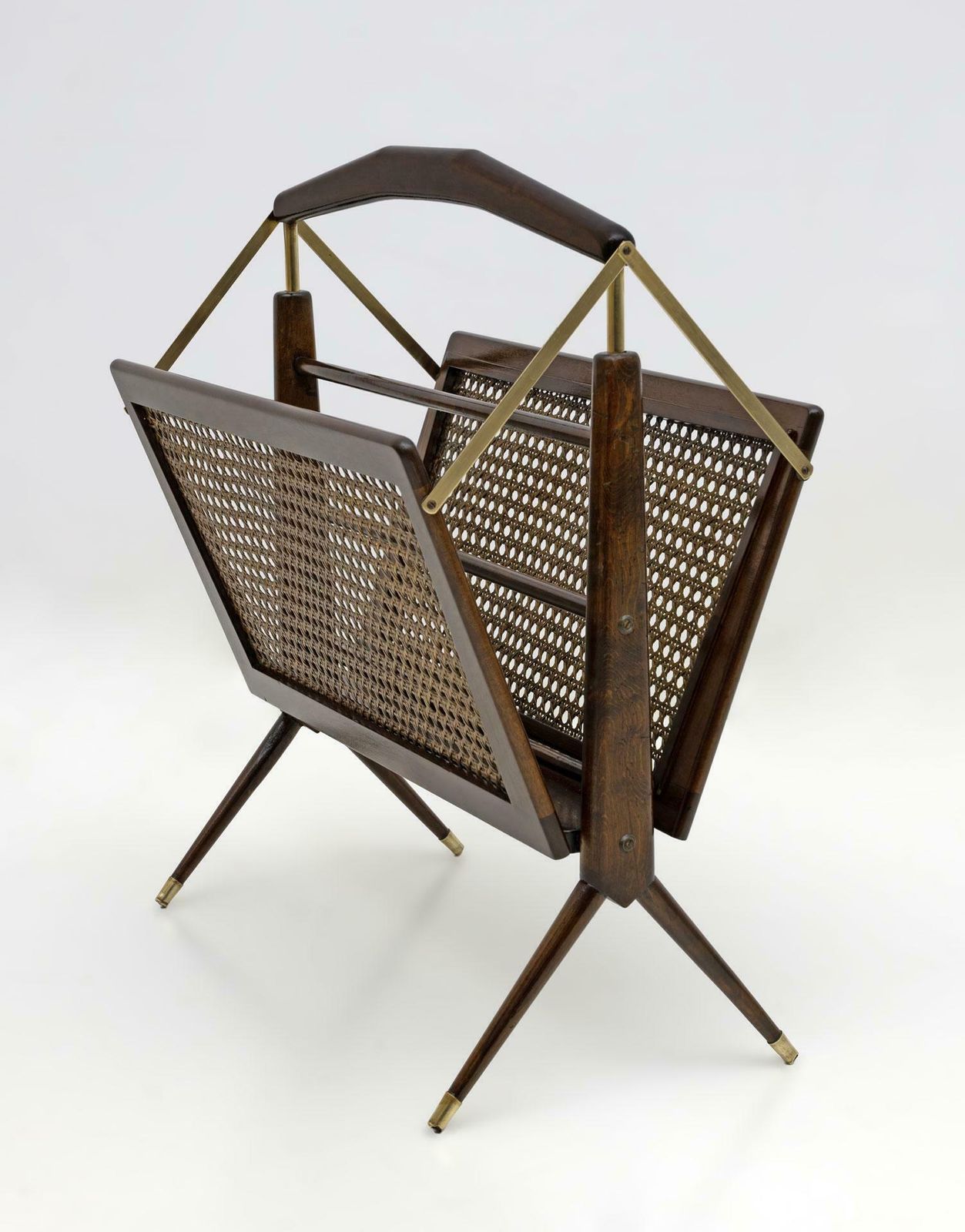 Cesare Lacca Mid Century Modern Italian Wicker And Brass Magazine Rack, 1950s photo vinterior