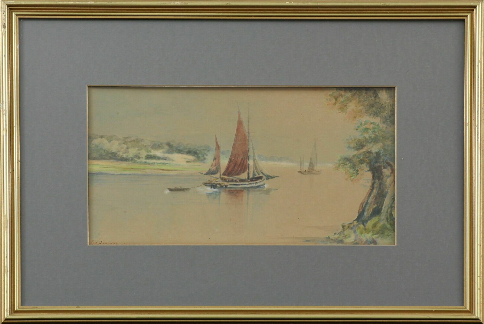 Watercolour By J. H. Gooding. Subject Is A Small Yacht Towing A Dinghy.
