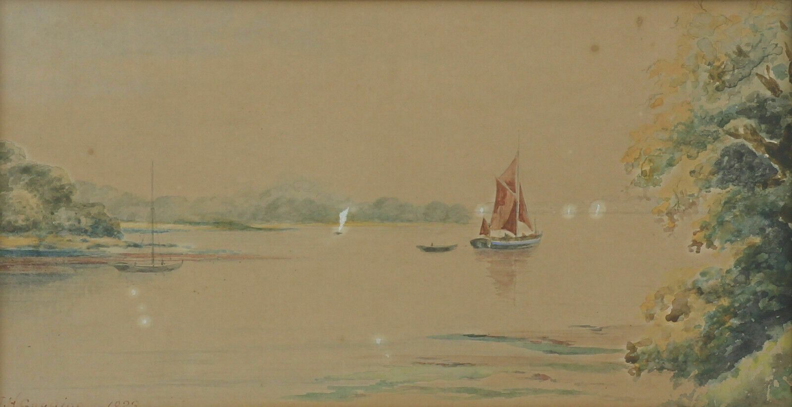 Watercolour By J.H. Gooding. Subject Is Small Yacht In Estuary Or Broad. photo furniture