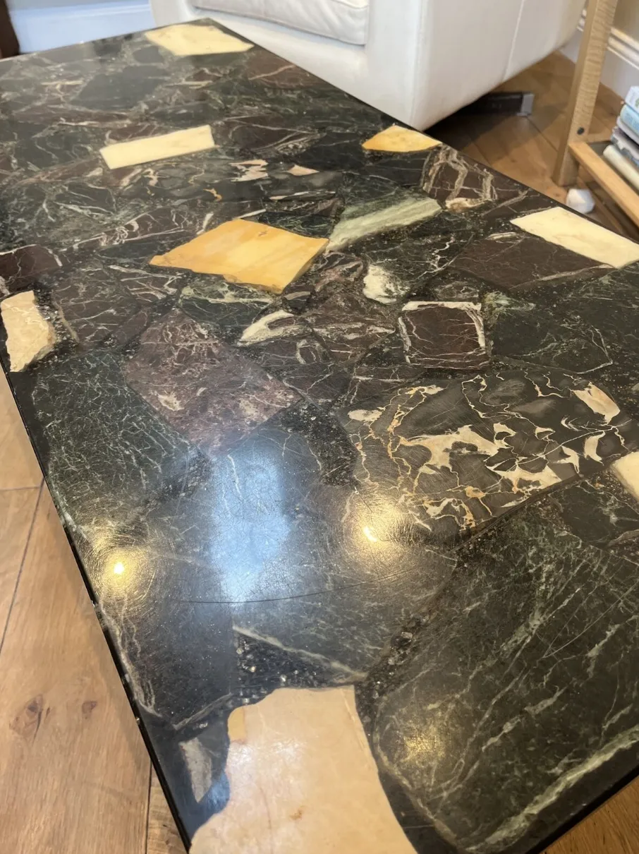 Vintage Resin Terrazzo Style Coffee Table With Real Stone Pieces. Chrome Legs photo for sale