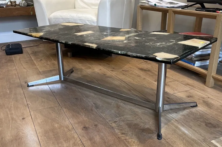 Vintage Resin Terrazzo Style Coffee Table With Real Stone Pieces. Chrome Legs photo Furniture