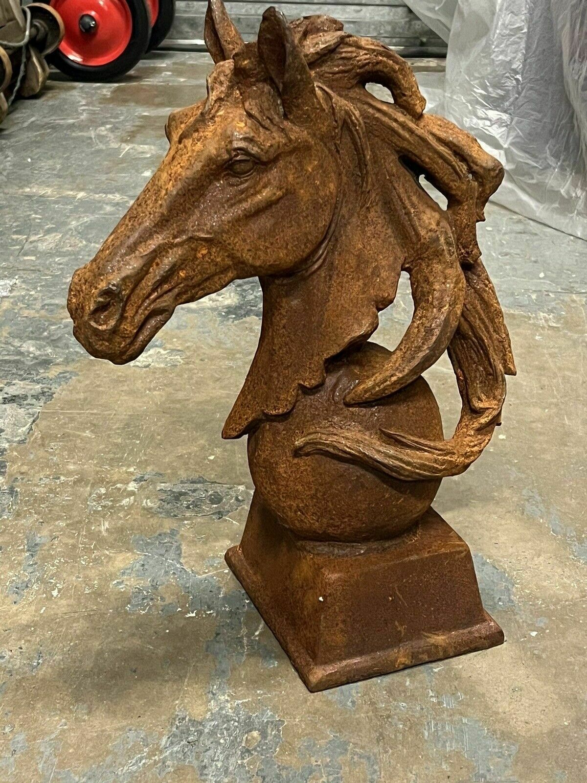 Large Cast Iron Horse Head Statue. photo furniture