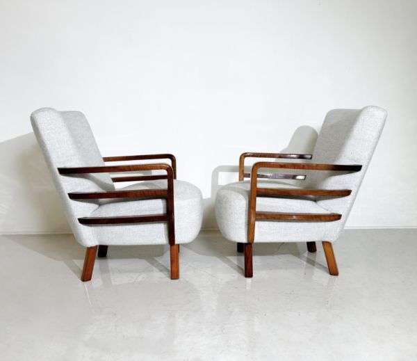 Pair Of Art Deco Armchairs, Walnut, Hungary – New Upholstery