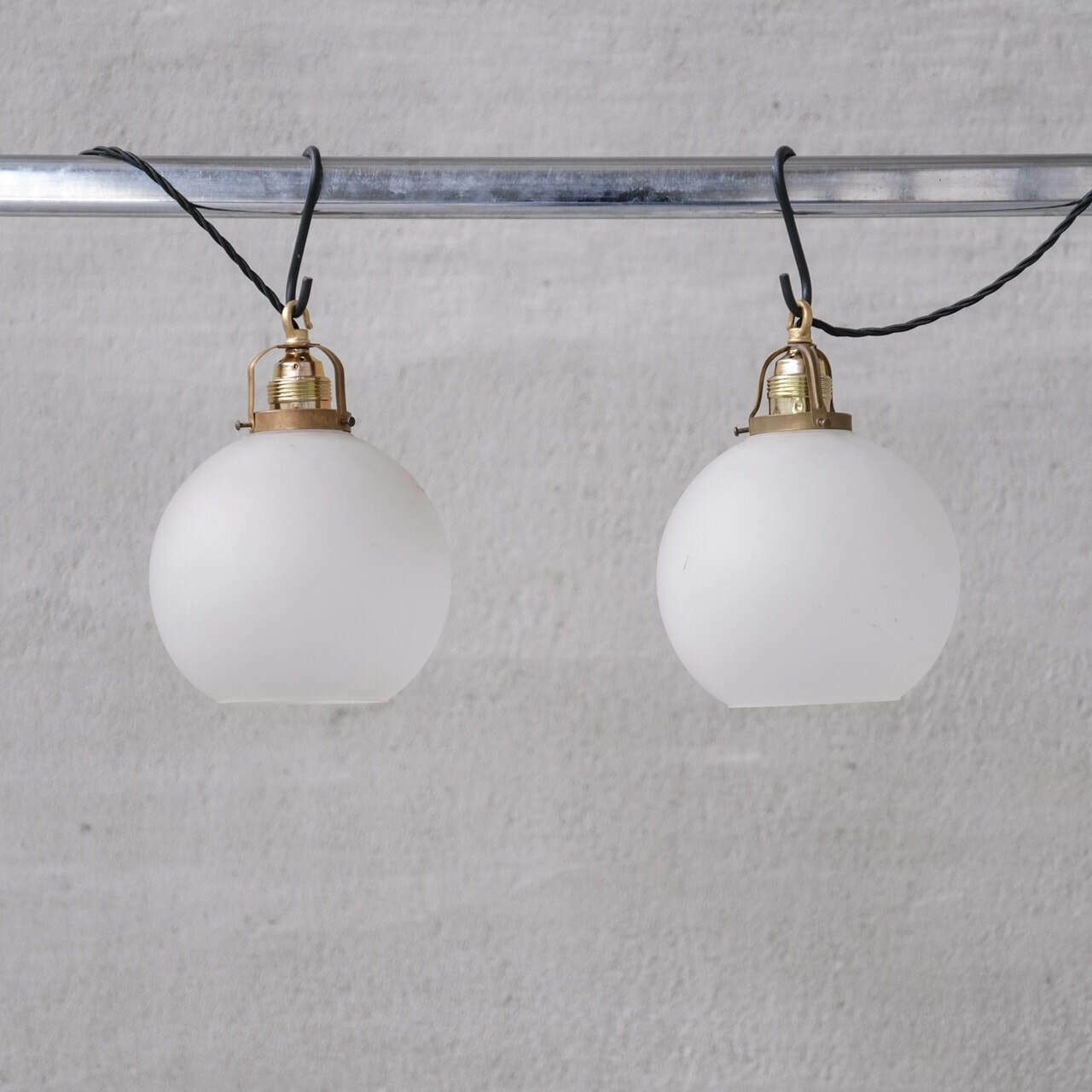 Pair Of French Etched Mid Century Glass Pendant Lights