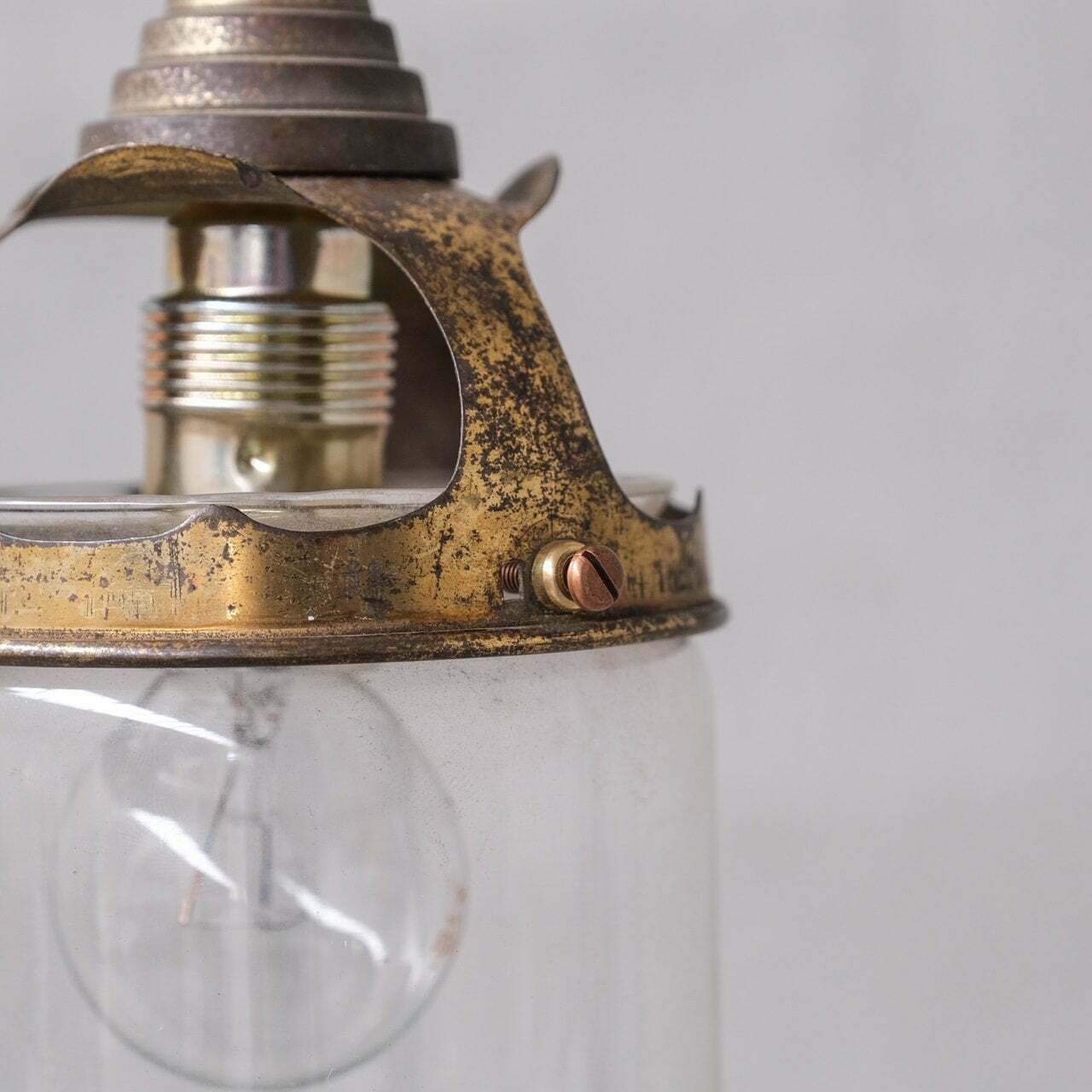 Pair Of Mid Century French Bell Shaped Clear Glass And Brass Pendants photo 795.0