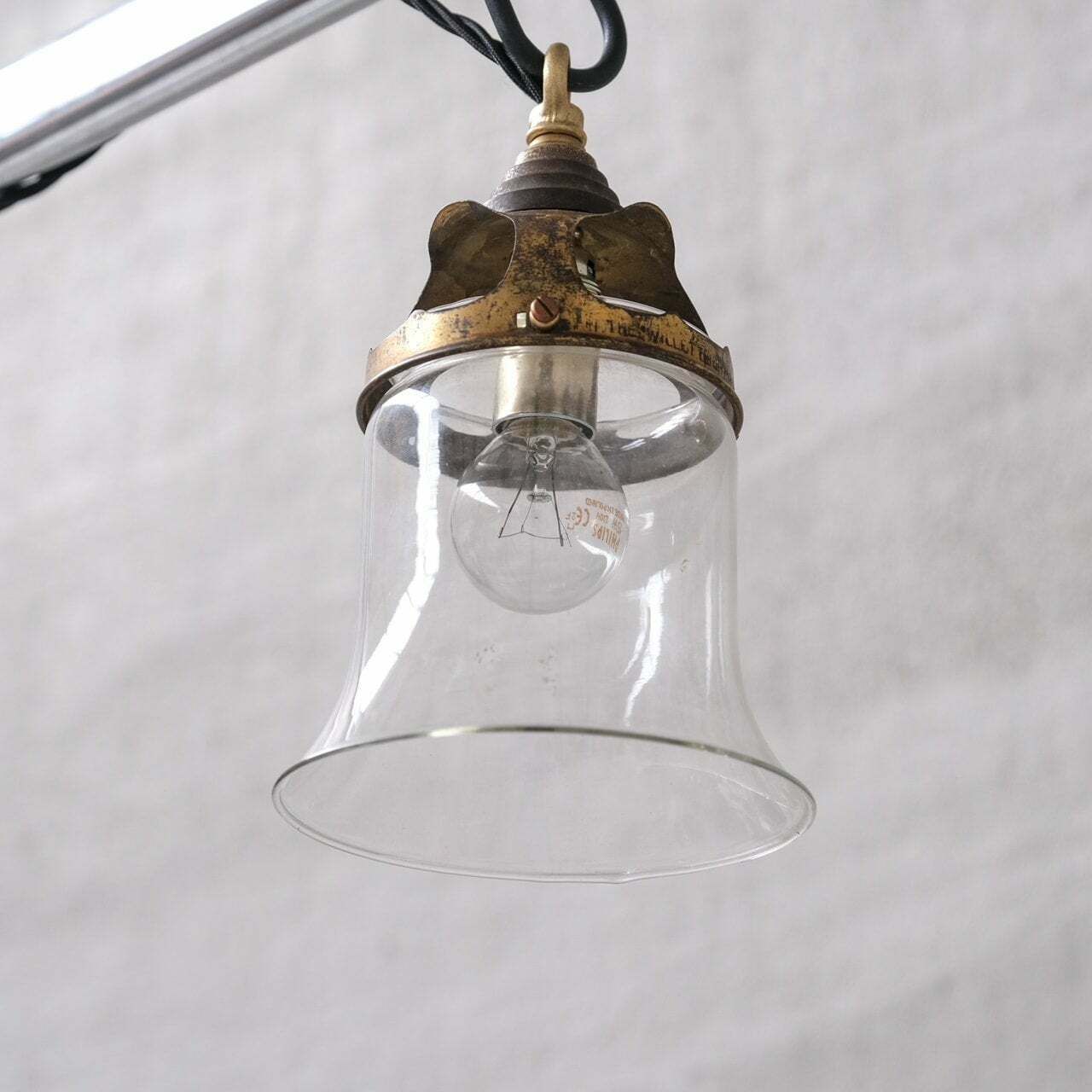 Pair Of Mid Century French Bell Shaped Clear Glass And Brass Pendants photo vinterior