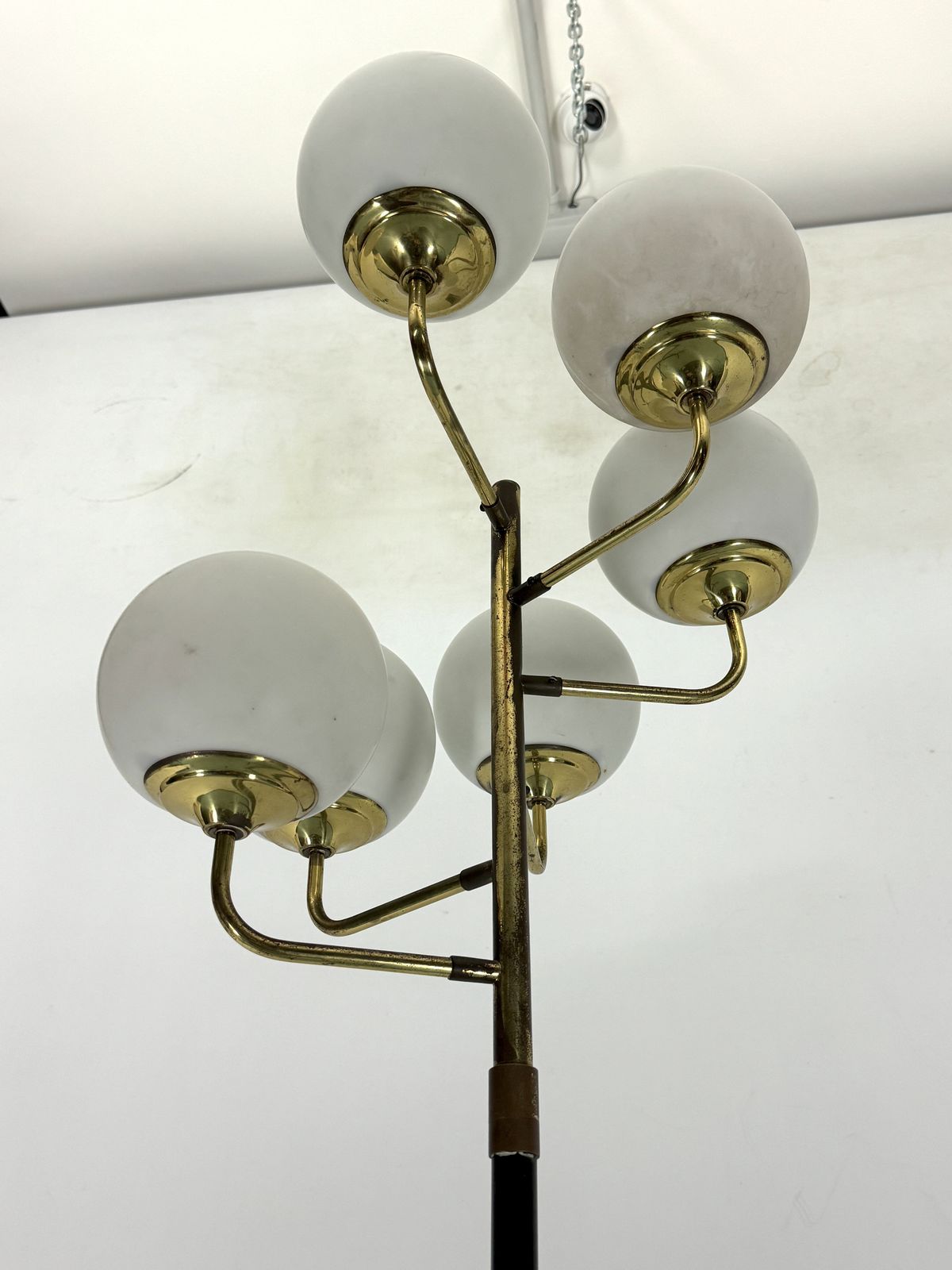 Mid Century Brass And Opaline Glass Six Arms Floor Lamp By Stilnovo. Italy 1950s photo furniture