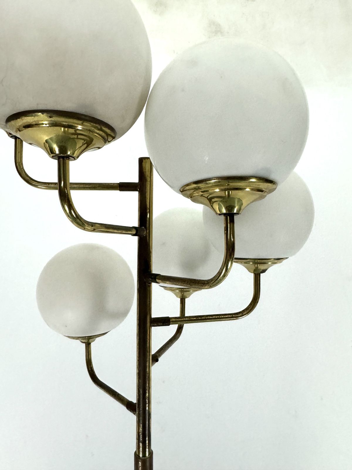 Mid Century Brass And Opaline Glass Six Arms Floor Lamp By Stilnovo. Italy 1950s photo Lighting