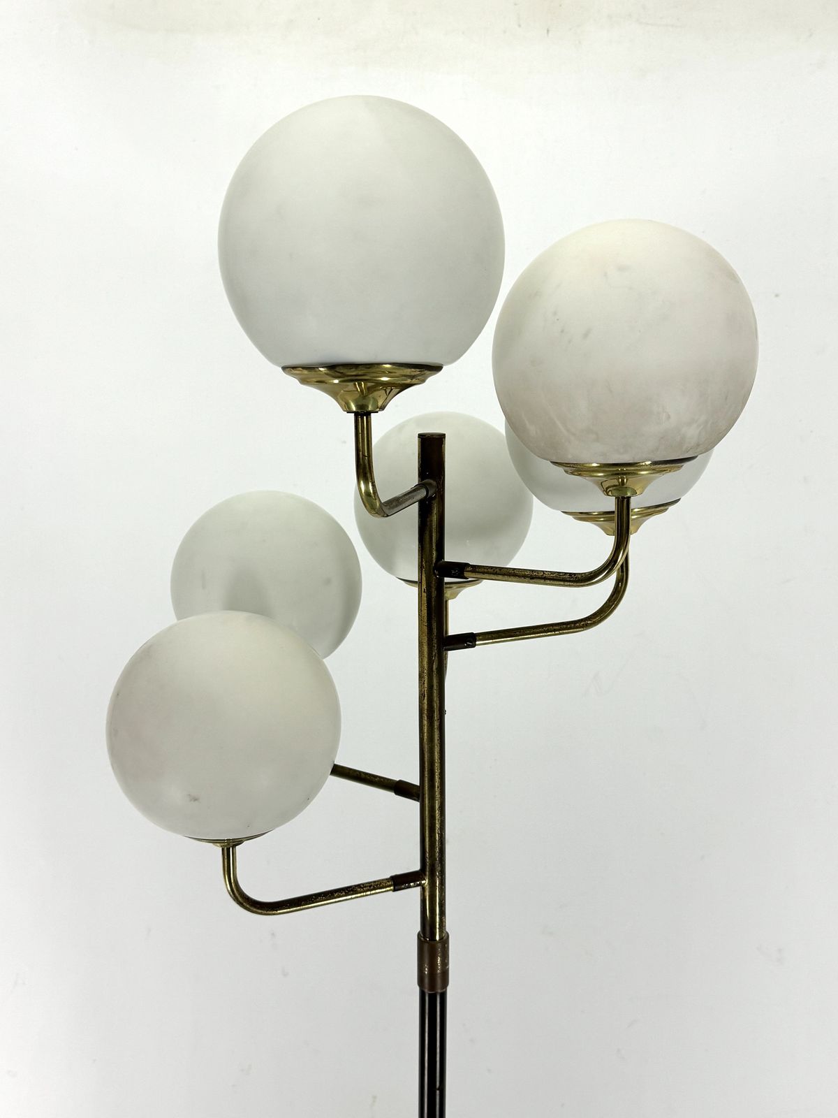 Mid Century Brass And Opaline Glass Six Arms Floor Lamp By Stilnovo. Italy 1950s photo 3250.0