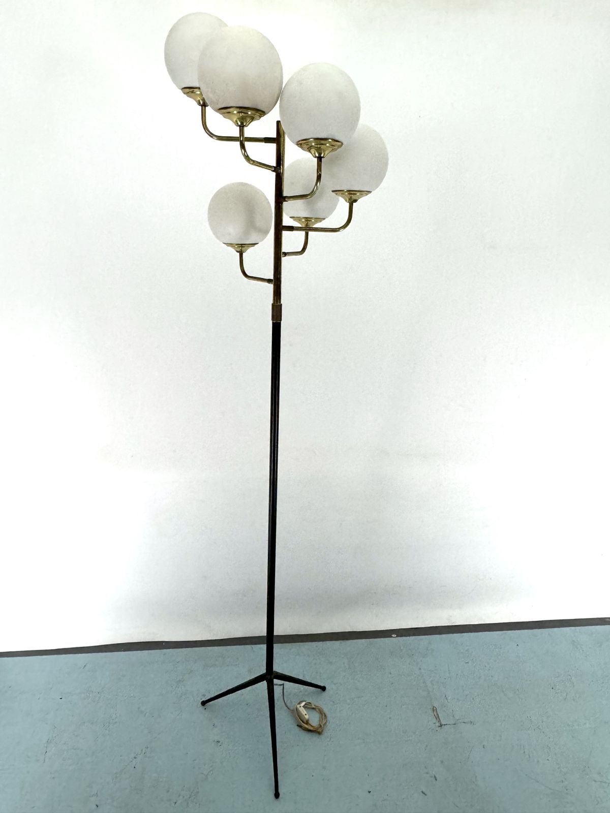 Mid Century Brass And Opaline Glass Six Arms Floor Lamp By Stilnovo. Italy 1950s photo vintage