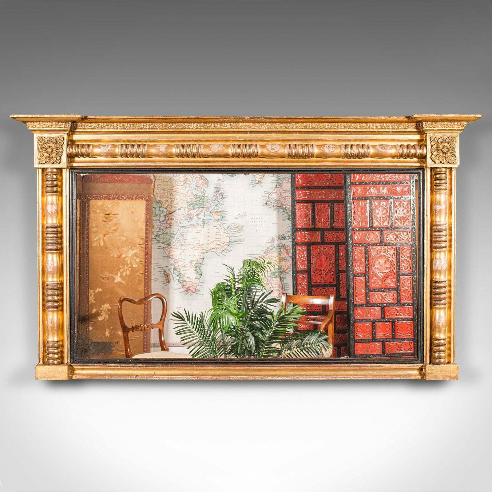 Large Antique Overmantle Mirror, English, Giltwood, Mercury Glass, Regency, 1820 photo furniture
