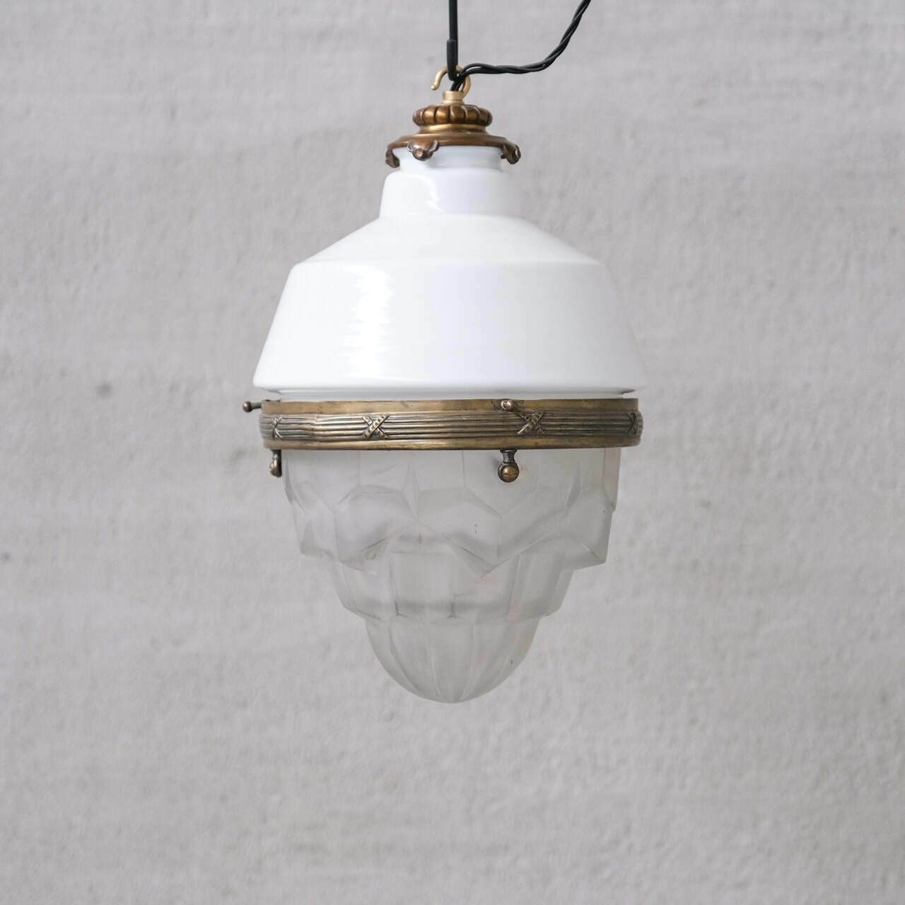 French Unusual Two Tone Antique Glass And Brass Pendant Light
