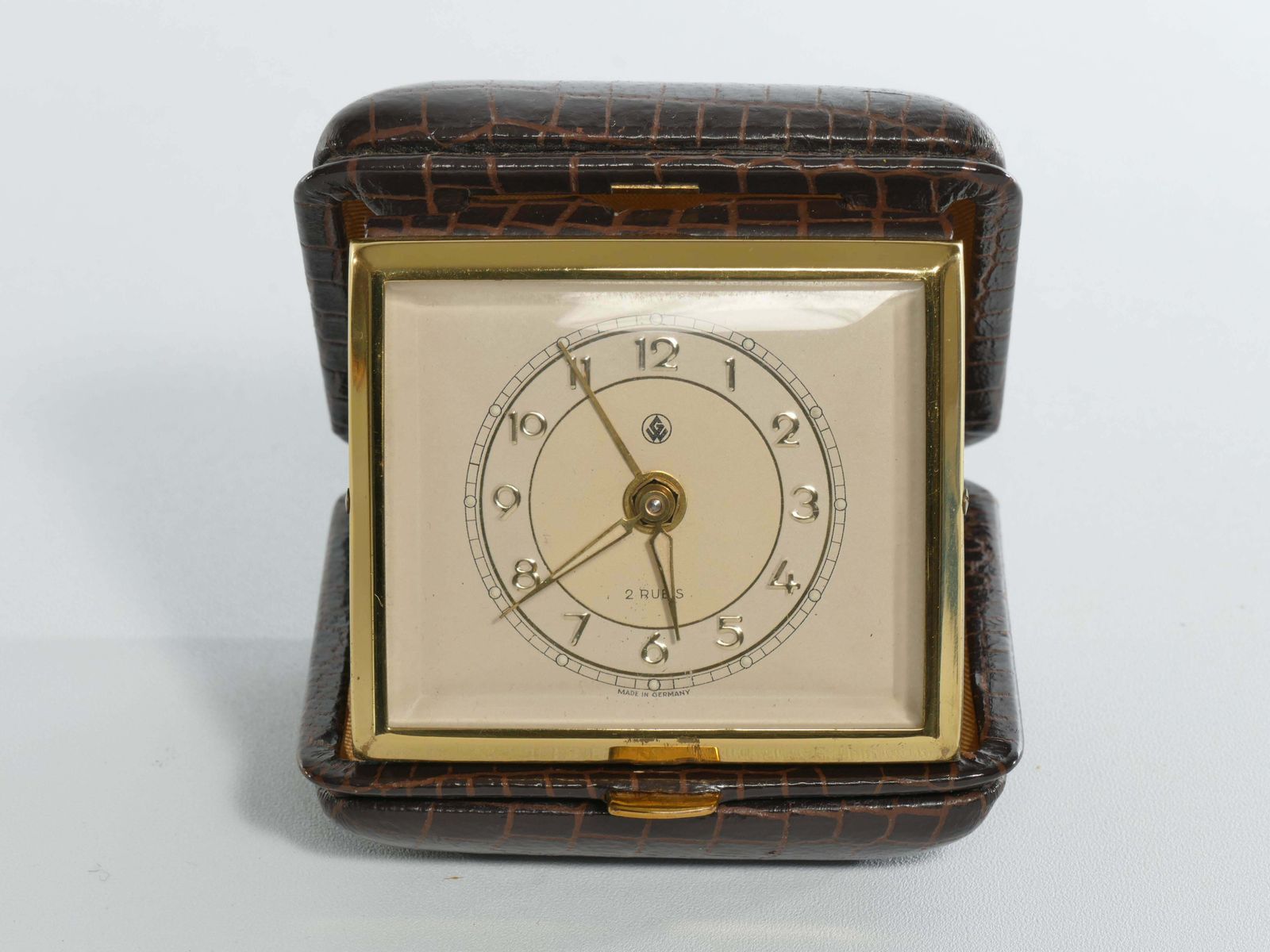Travel Alarm Clock In Brass And Faux Snakeskin From "Gw", Germany, Ca 1950's photo for sale