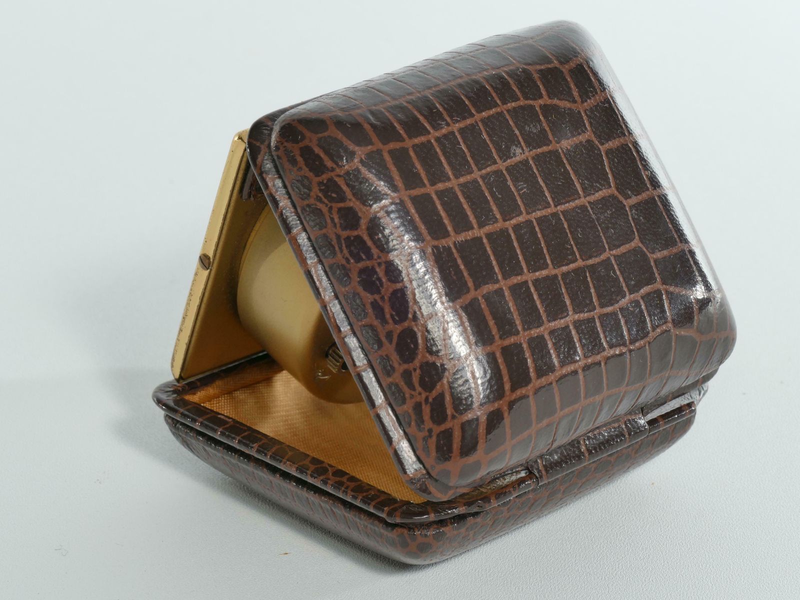 Travel Alarm Clock In Brass And Faux Snakeskin From "Gw", Germany, Ca 1950's photo vintage