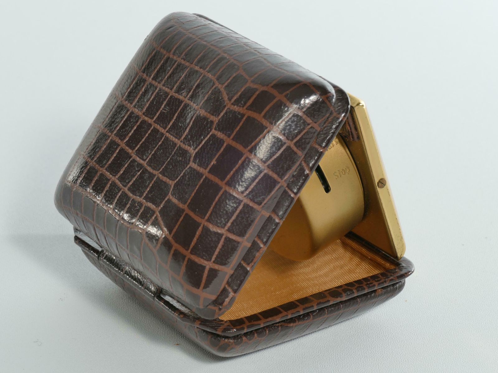 Home Decor Travel Alarm Clock In Brass And Faux Snakeskin From "Gw", Germany, Ca 1950's photo