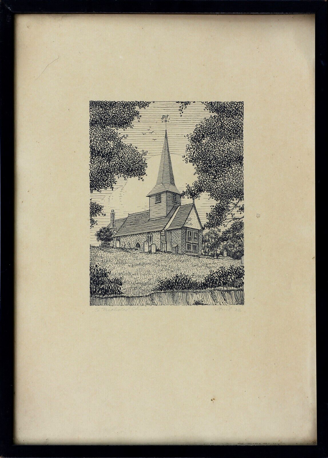 Woodcut Of St. Nicholas Church, Laindon. Signed, But Unclear.