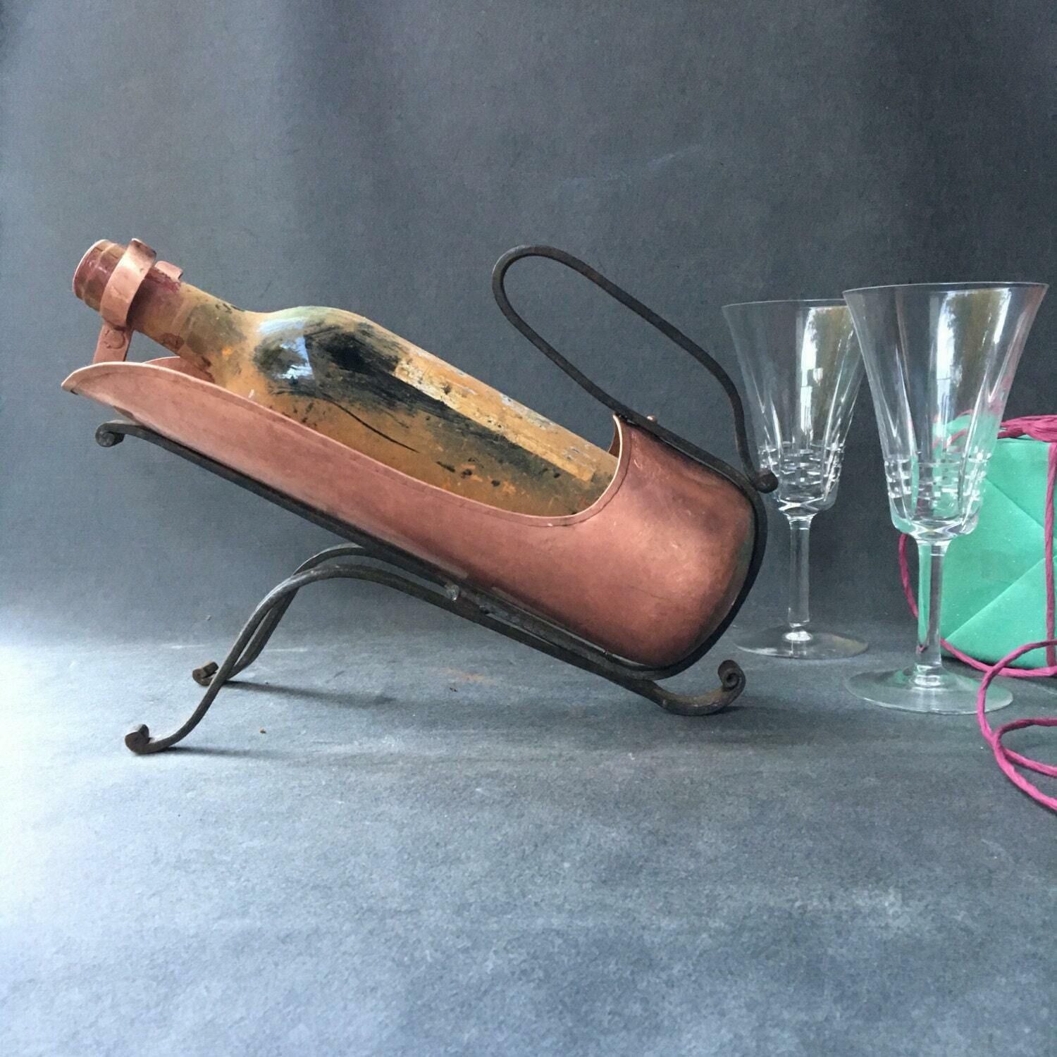 Vintage Copper Wine Bottle Holder Signed Jean Goardere   Cupper Wine Bottle Holder   French Wine Holder photo for sale
