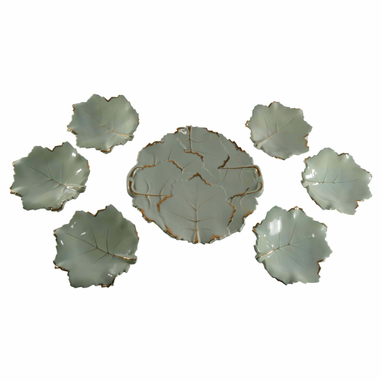 Art Deco Pistachio And Gold Leaf Plates Viloca Paris Caffarelli photo for sale