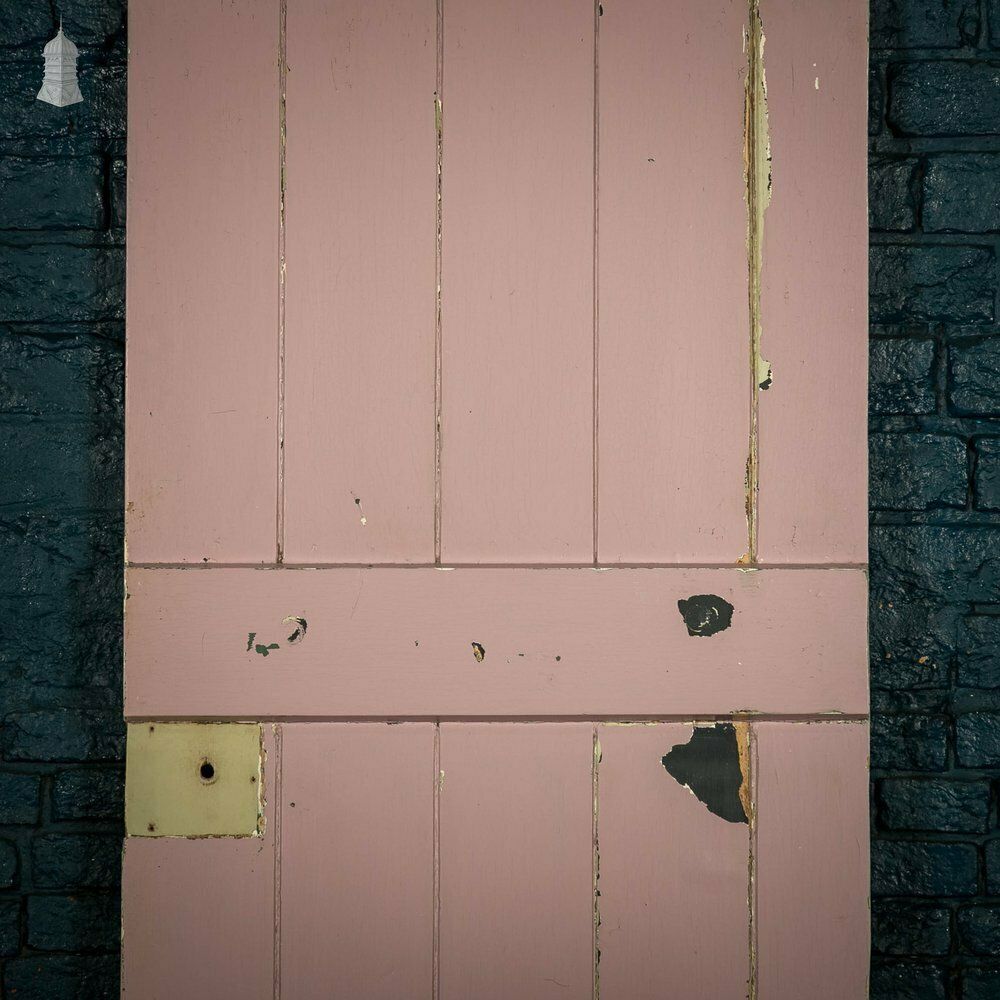 photo for sale Ledged Plank Door, White And Pink Painted Pine