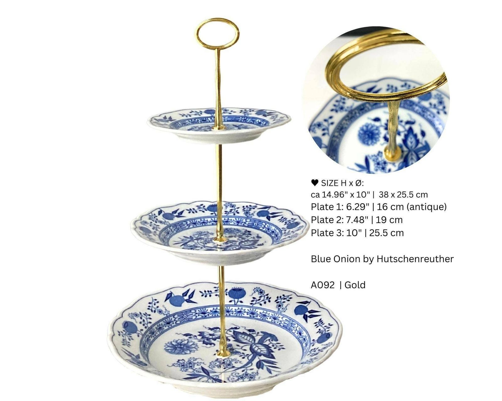 Blue Onion Cake Stand | 3 Tier | Brass, Gold Or Silver Handle | Vintage Hutschenreuther photo Home Decor
